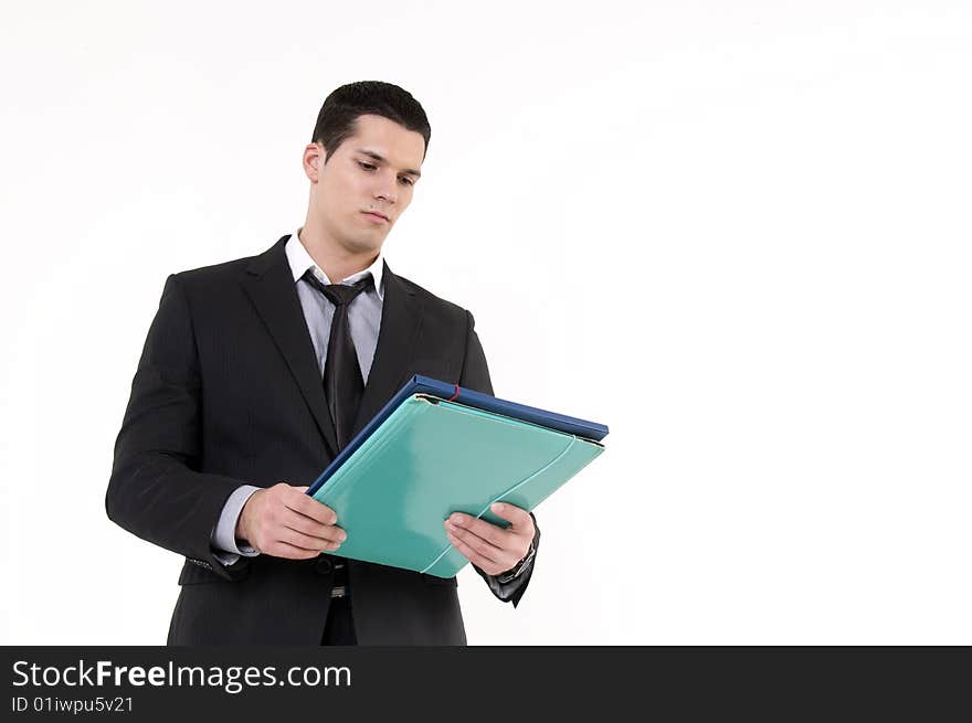 Businessman with documents isolated on white background