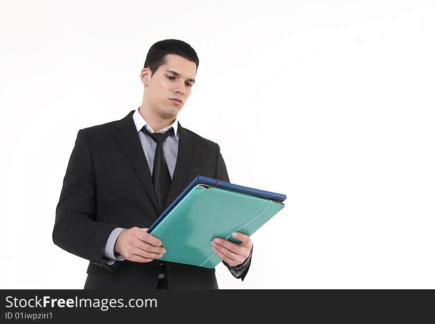 Businessman with documents isolated on white background