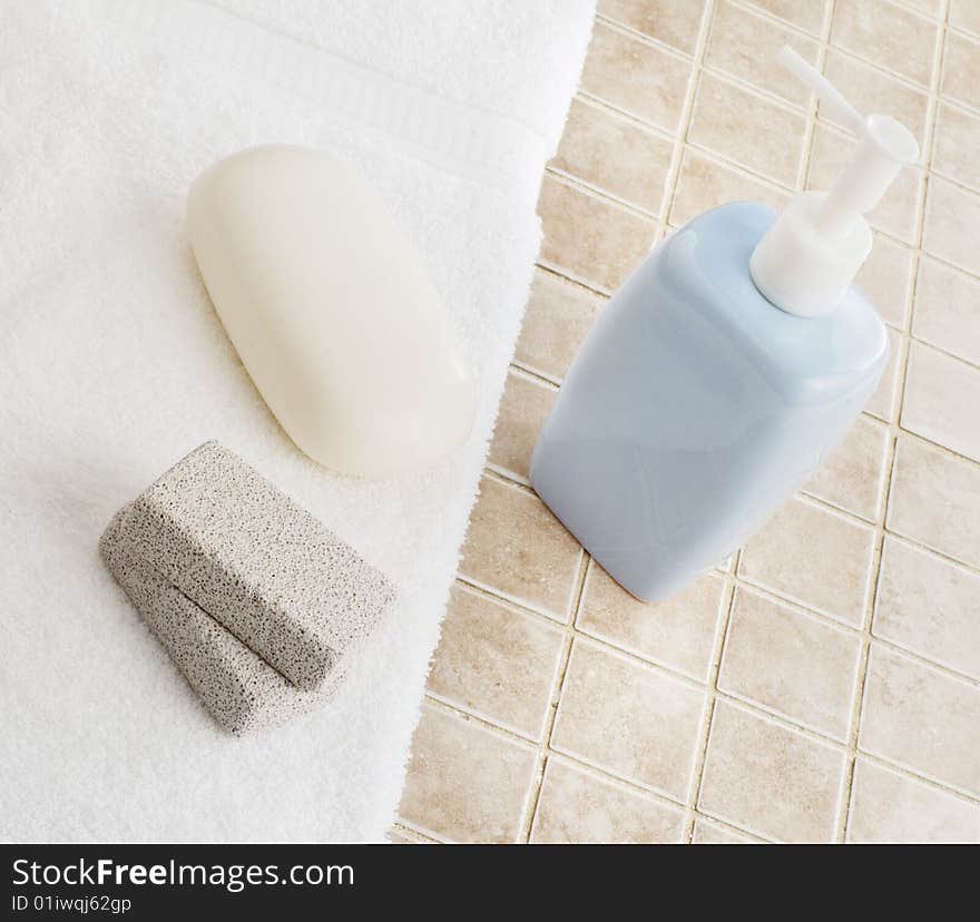 Spa display against a stone tile backdrop.