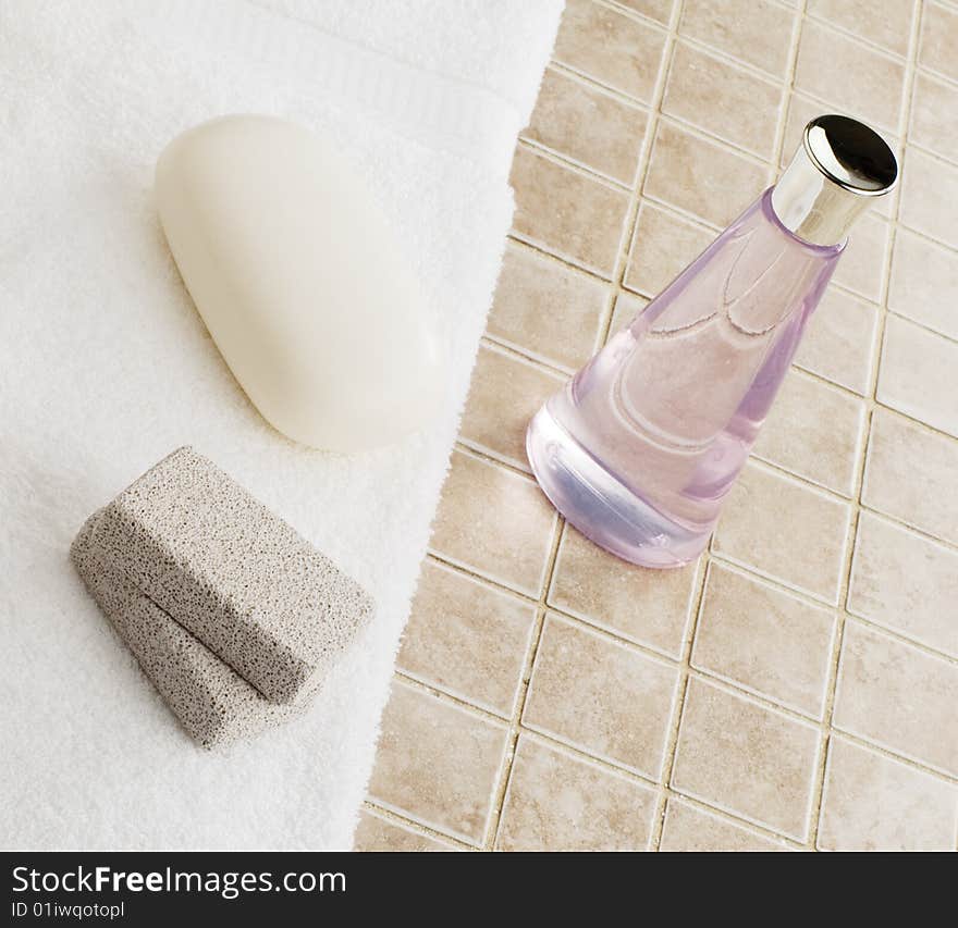 Spa display against a stone tile backdrop.