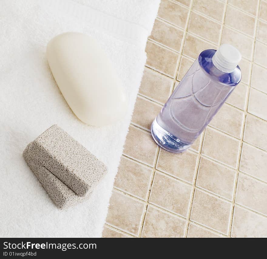 Spa display against a stone tile backdrop.