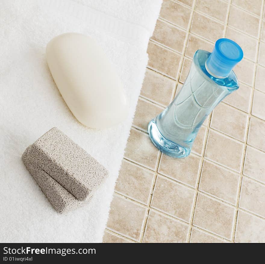 Spa display against a stone tile backdrop.