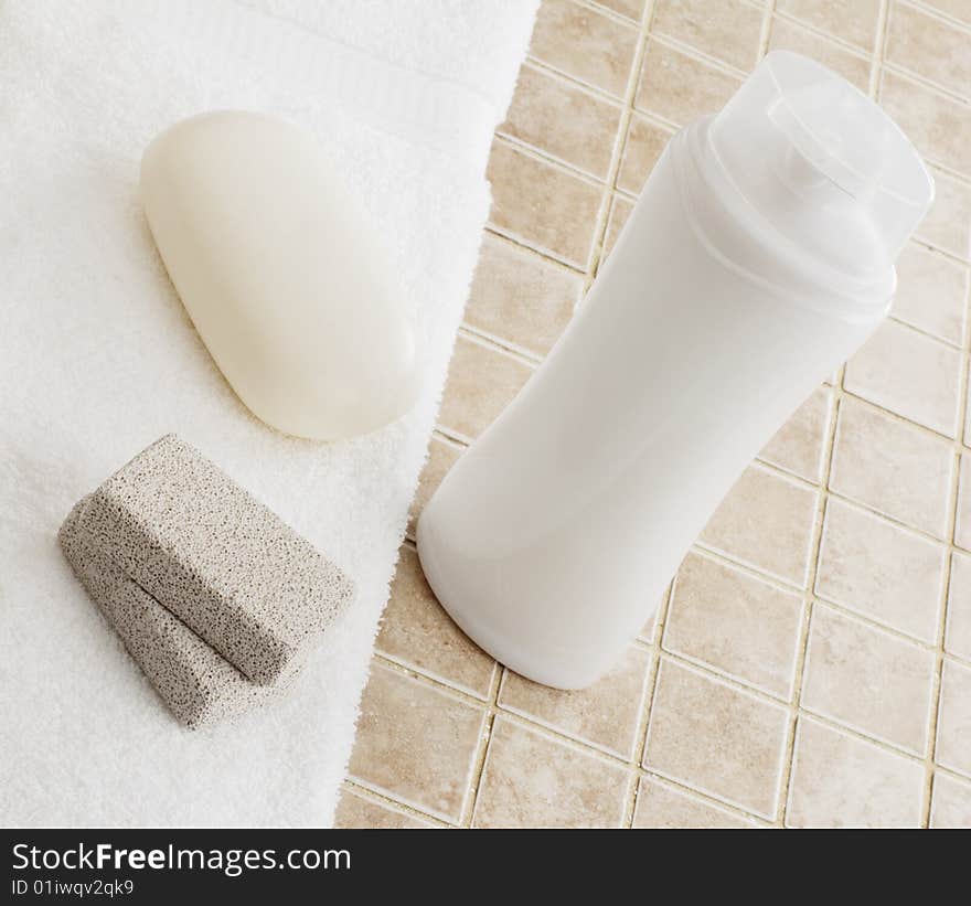 Spa display against a stone tile backdrop.