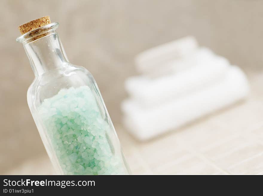 Spa display against a stone tile backdrop.