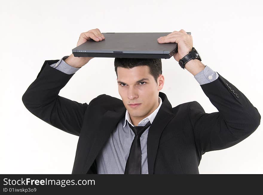 Businessman with lap top computer isolated on white background