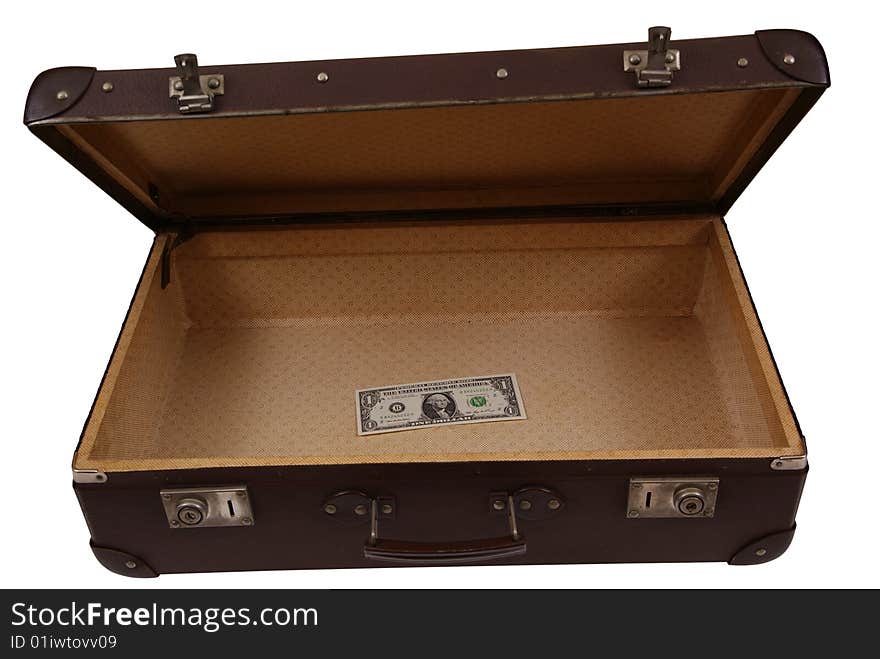 Old suitcase with one dollar isolated on white background