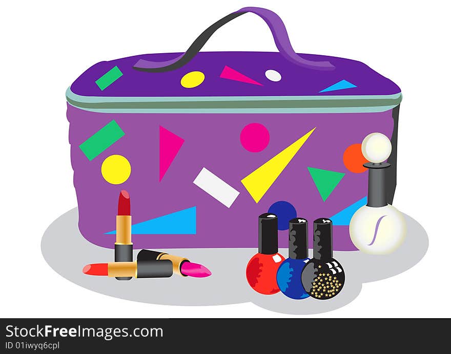 Vector illustration of a cosmetic bag in front of lipsticks, nail polishes and a parfume