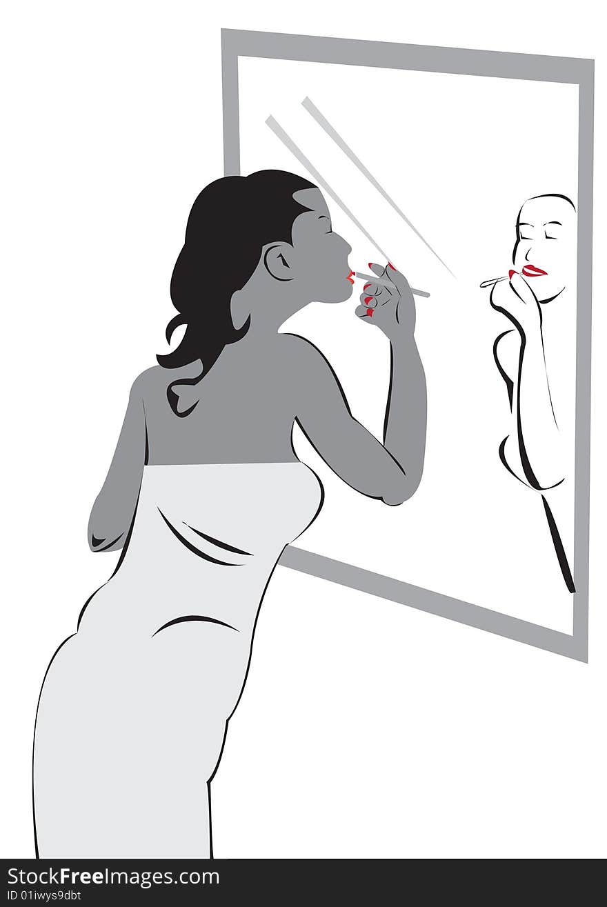 Black and white Vector illustration of a girl in front of the mirror applying makeup. Black and white Vector illustration of a girl in front of the mirror applying makeup