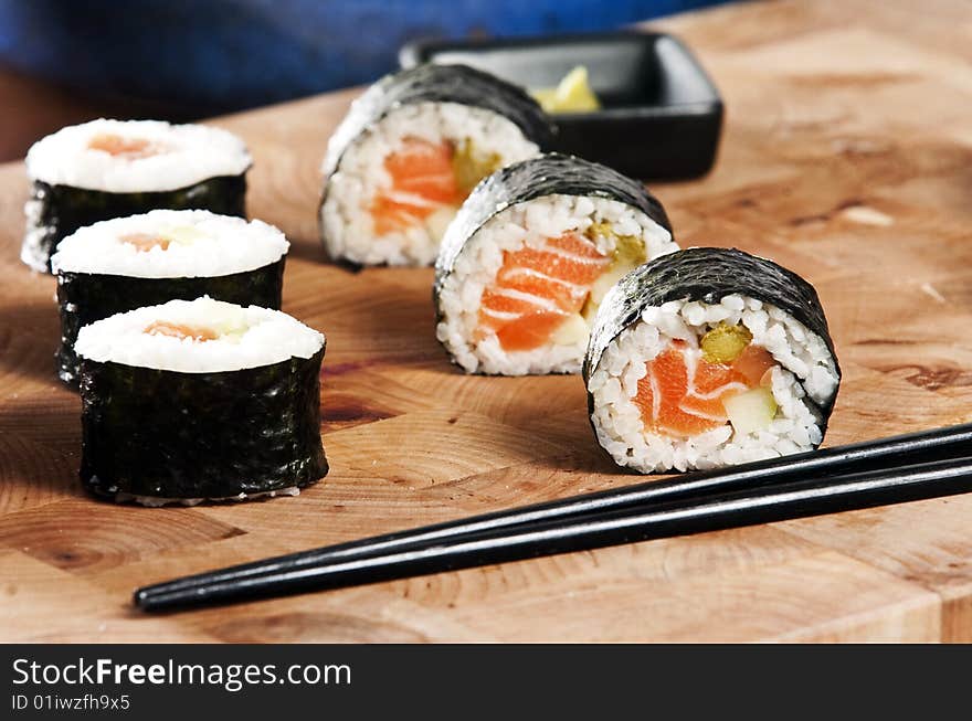 Various types of japanese sushi and sashimi