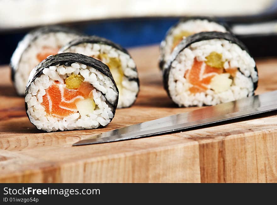 Various types of japanese sushi and sashimi