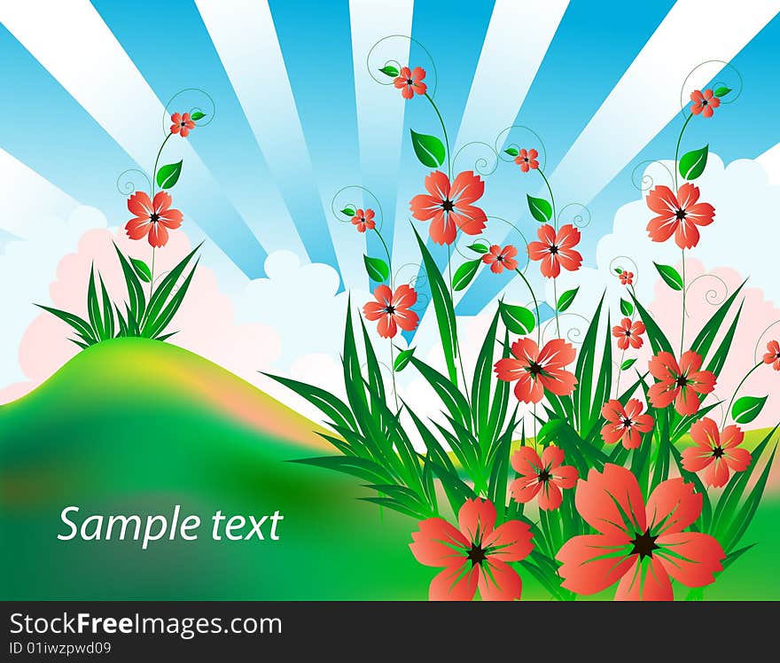 bright landscape with red flowers. bright landscape with red flowers