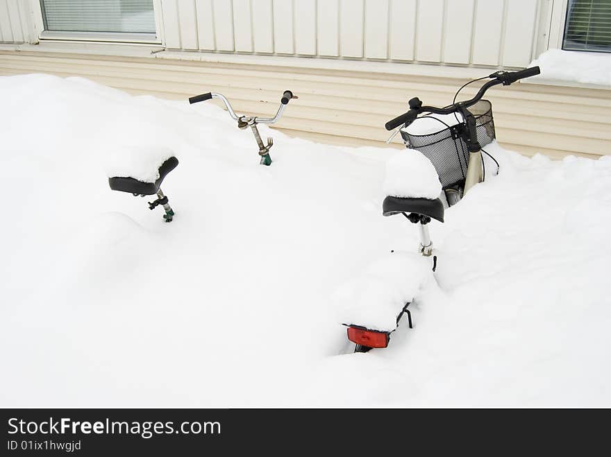 Bicycles covered with Snow in winter. Bicycles covered with Snow in winter