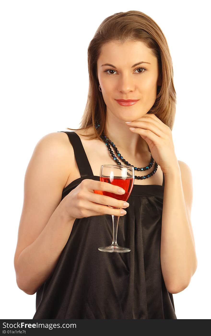 Girl with a glass of wine. Isolated on white