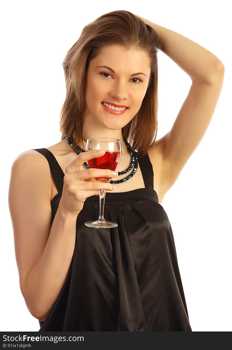 Girl With A Glass Of Rose Wine. Isolated On White