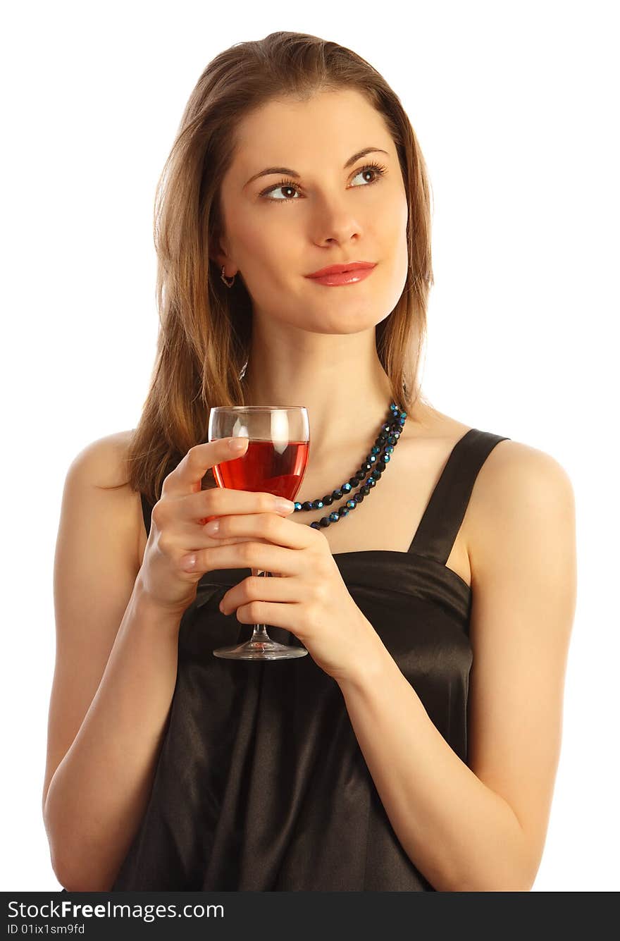 Beautiful girl with a glass of wine. Isolated on white