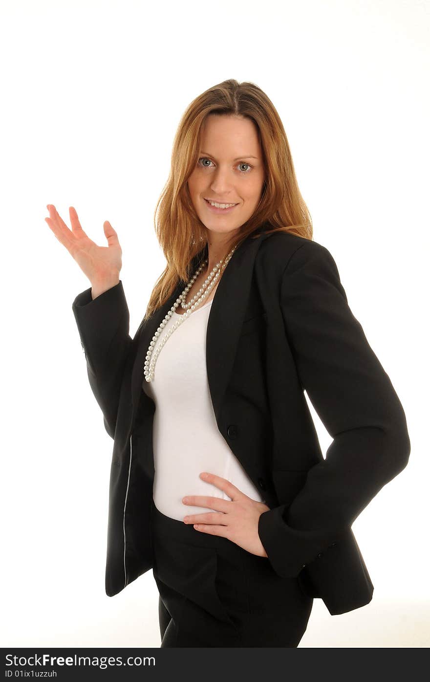 Young woman wearing business outfit. Gesturing.Isolated over white. Young woman wearing business outfit. Gesturing.Isolated over white.