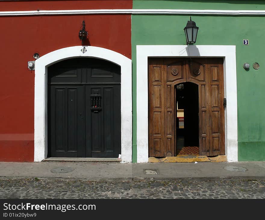 Colonial doorways on the street in Antigua, Guatemala. Colonial doorways on the street in Antigua, Guatemala