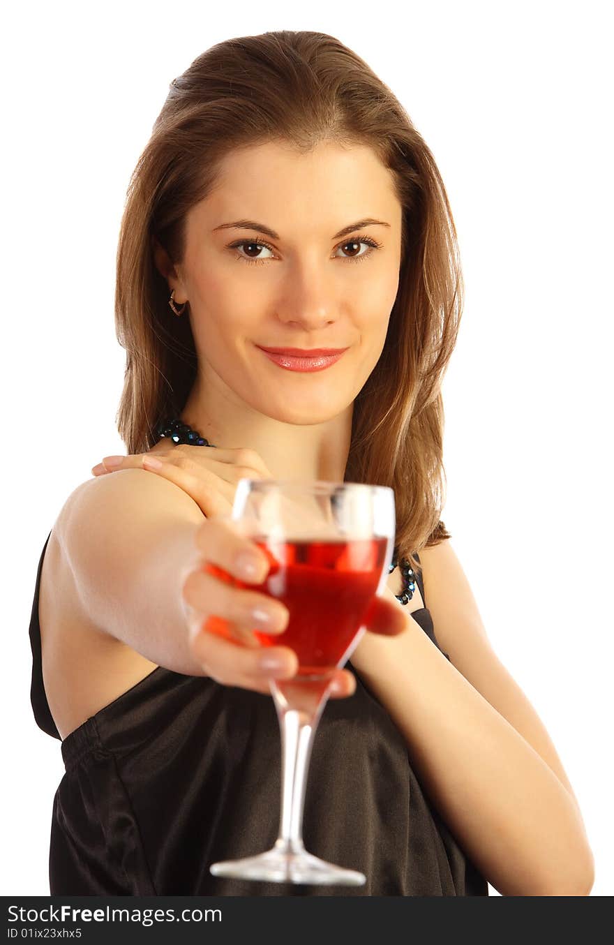 Girl with a glass of wine. Isolated on white