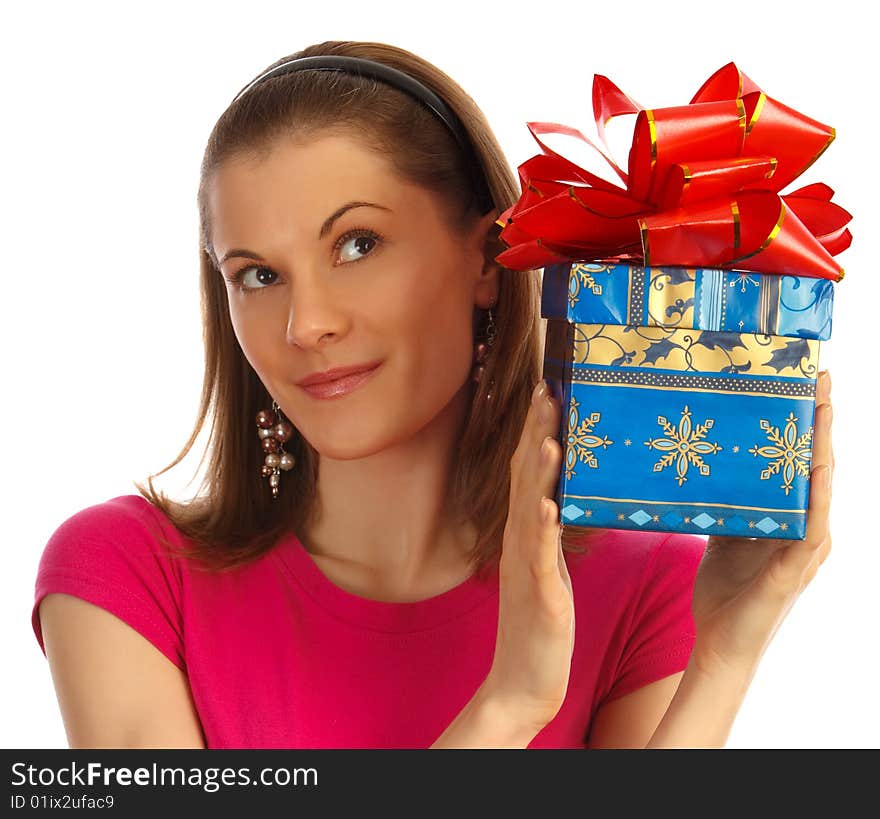 Girl Holding A Gift. Isolated On White