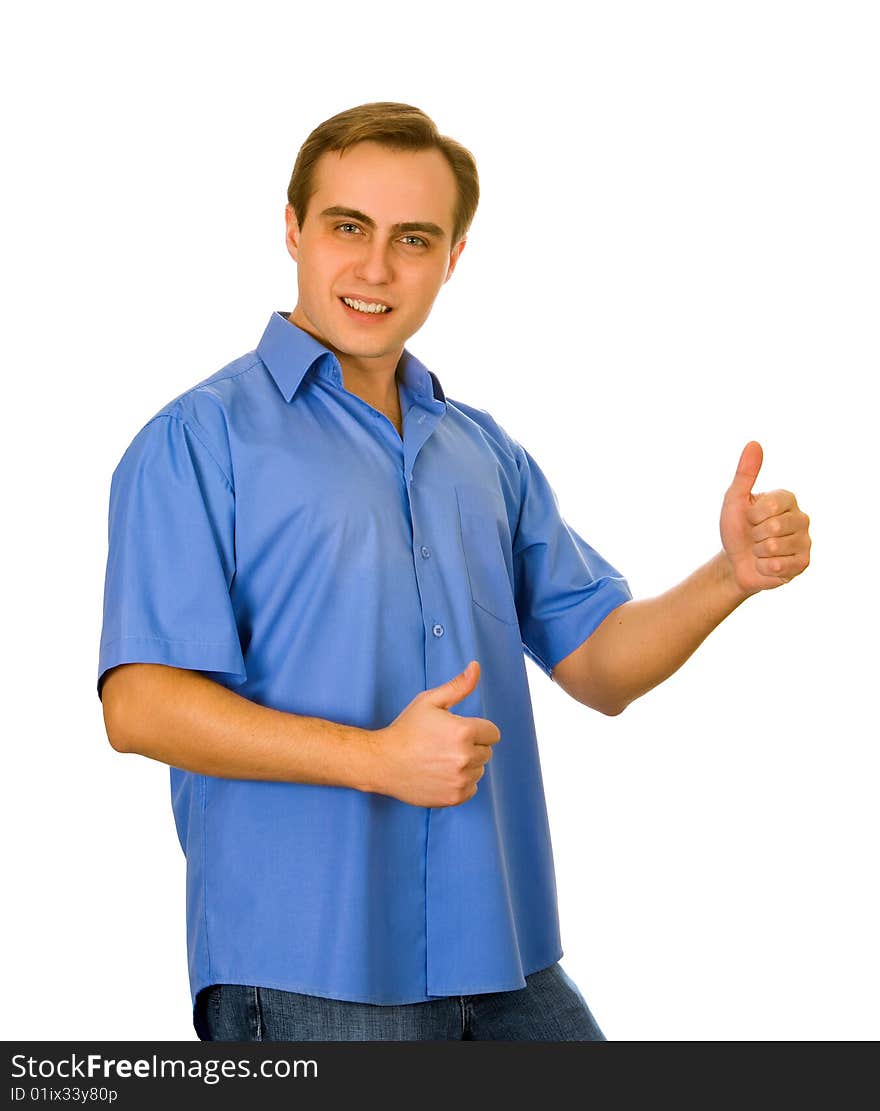 Casual handsome guy showing two thumbs up. Isolated on white.