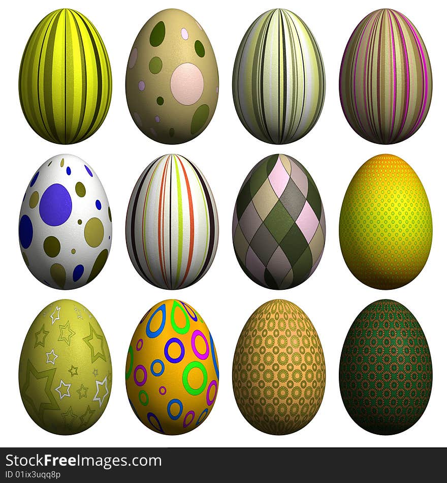 Collection of 12 high resolution 3d rendered Easter eggs with different patterns, isolated on white. Collection of 12 high resolution 3d rendered Easter eggs with different patterns, isolated on white