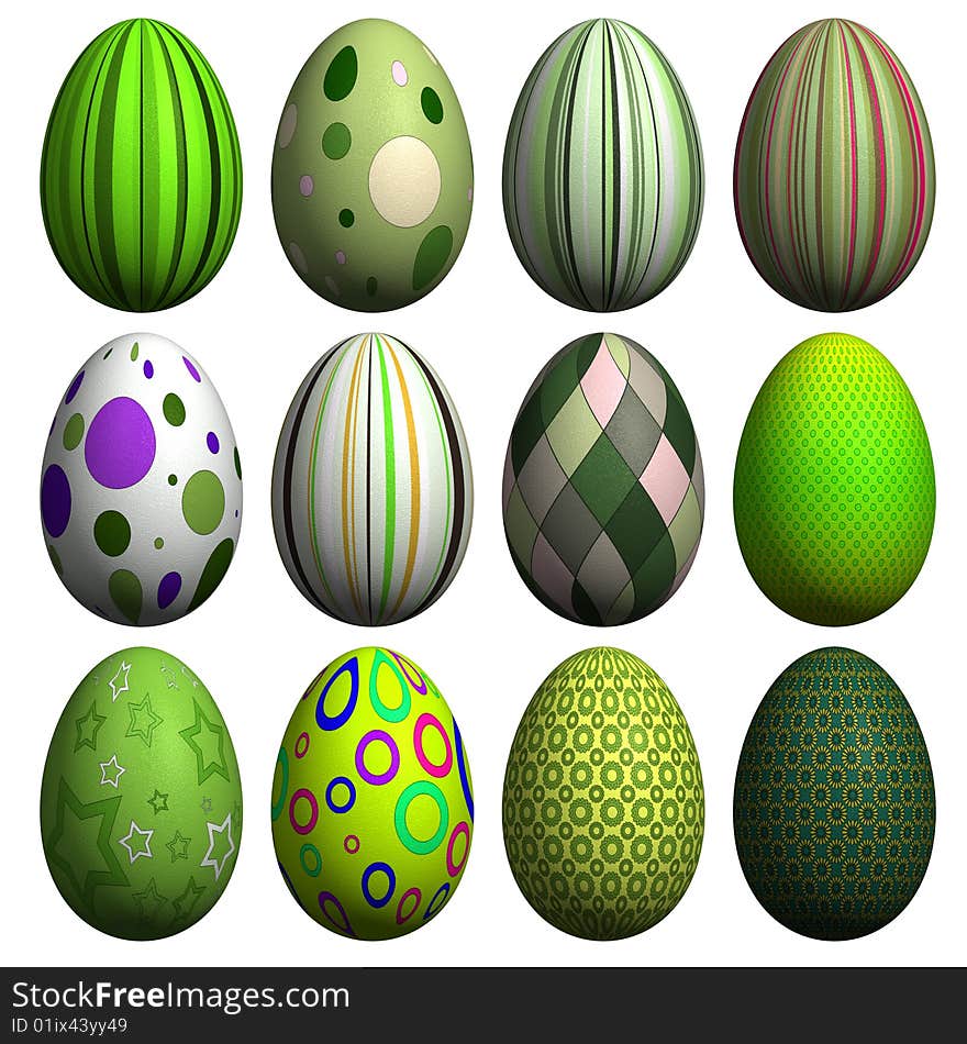 Collection of 12 high resolution 3d rendered Easter eggs with different patterns, isolated on white. Collection of 12 high resolution 3d rendered Easter eggs with different patterns, isolated on white