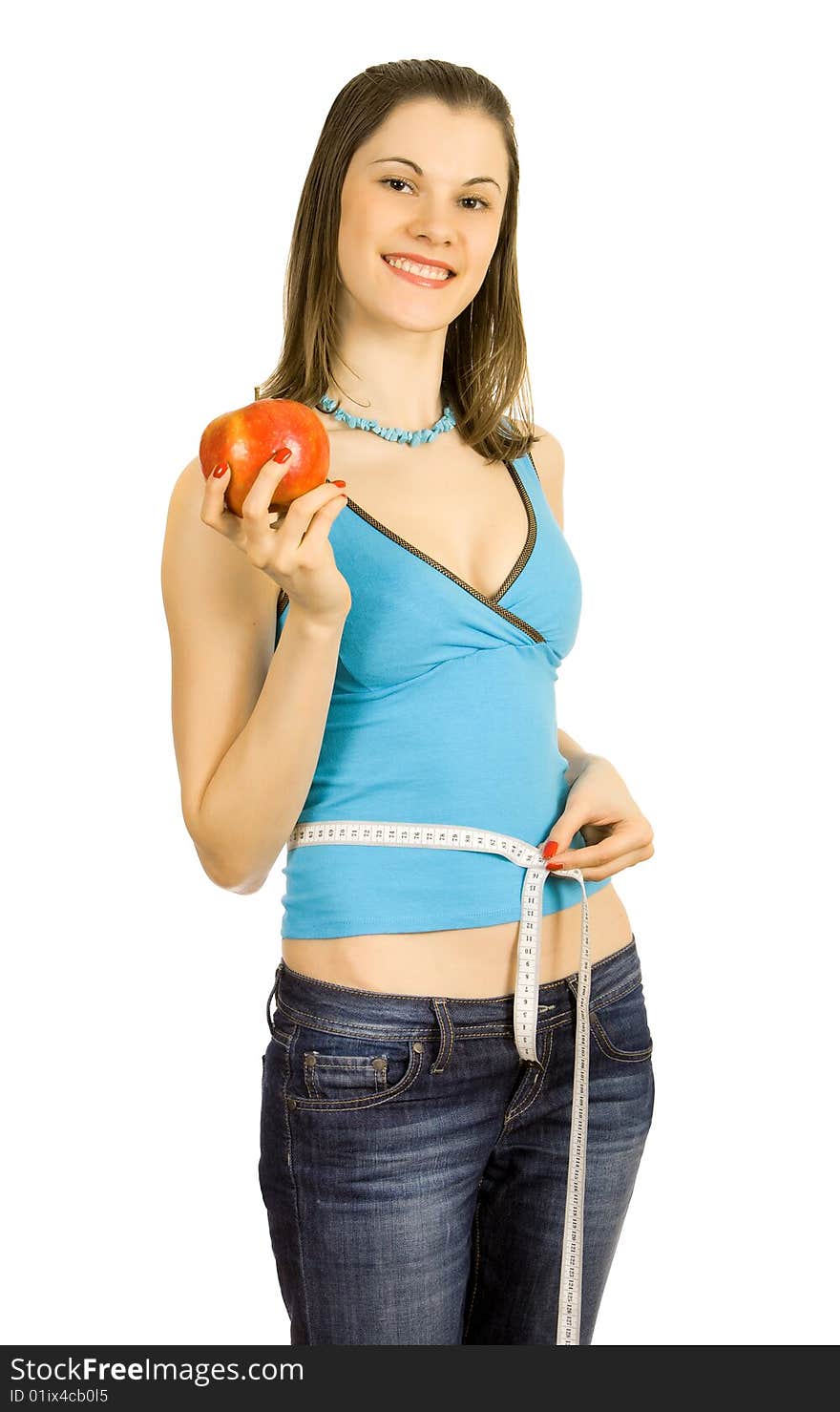 Pretty girl holding an apple; isolated on white