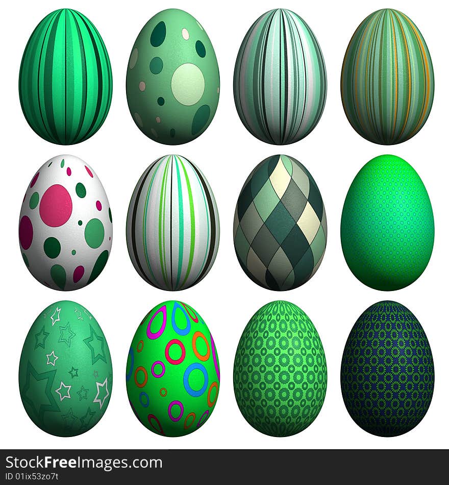 Collection of 12 high resolution 3d rendered Easter eggs with different patterns, isolated on white. Collection of 12 high resolution 3d rendered Easter eggs with different patterns, isolated on white