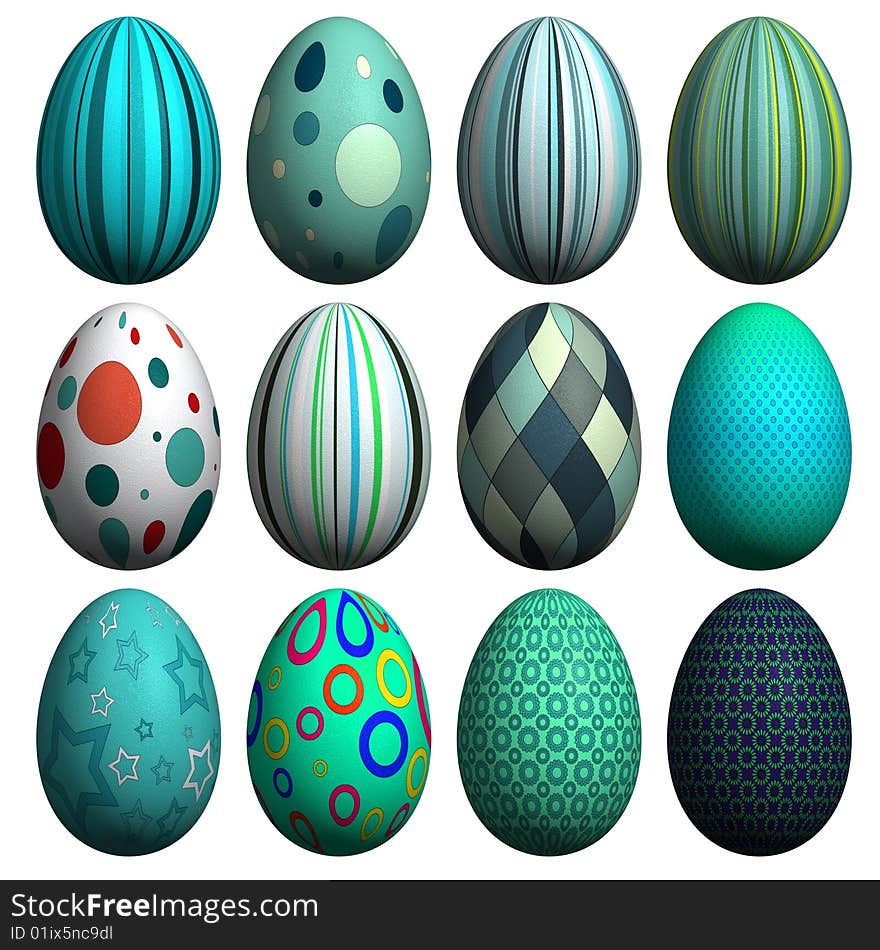 Collection of 12 high resolution 3d rendered Easter eggs with different patterns, isolated on white. Collection of 12 high resolution 3d rendered Easter eggs with different patterns, isolated on white