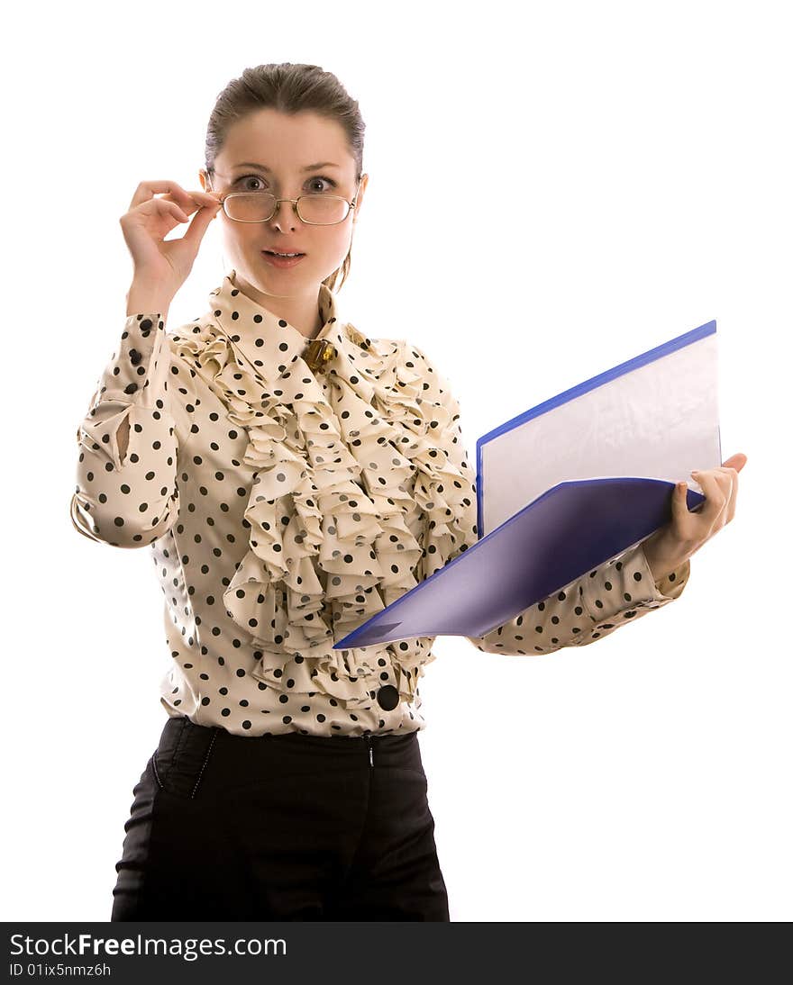 Businesswoman with folders. Isolated on white.