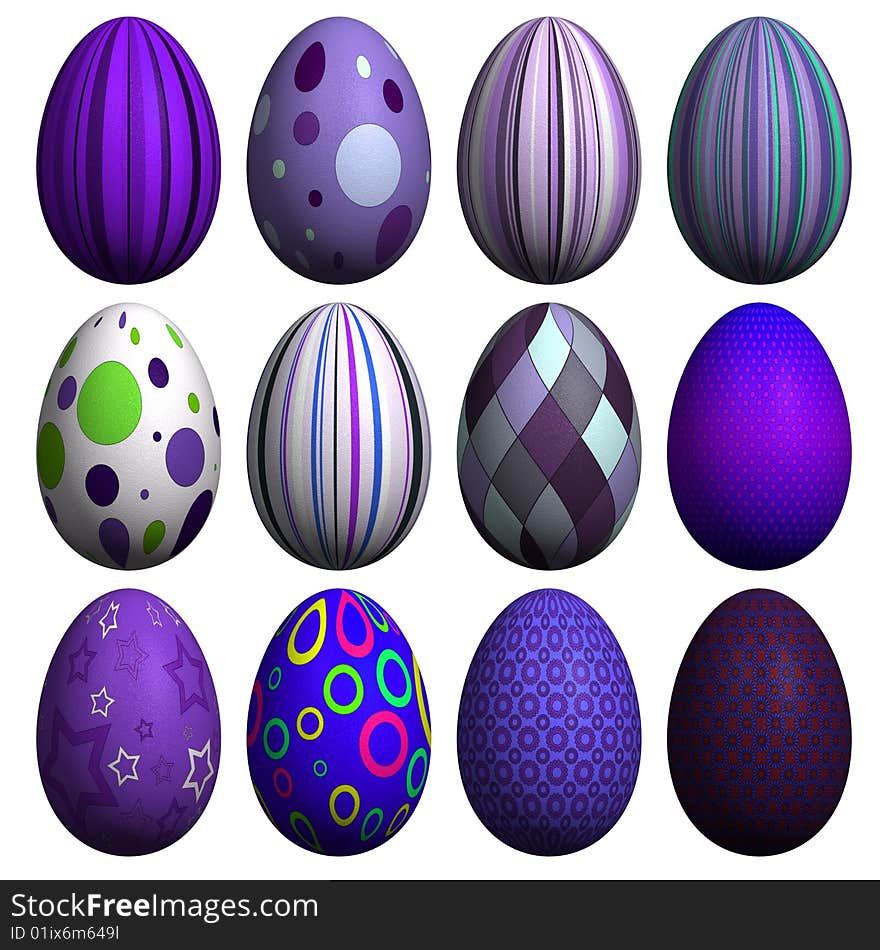 Collection of 12 high resolution 3d rendered Easter eggs with different patterns, isolated on white. Collection of 12 high resolution 3d rendered Easter eggs with different patterns, isolated on white