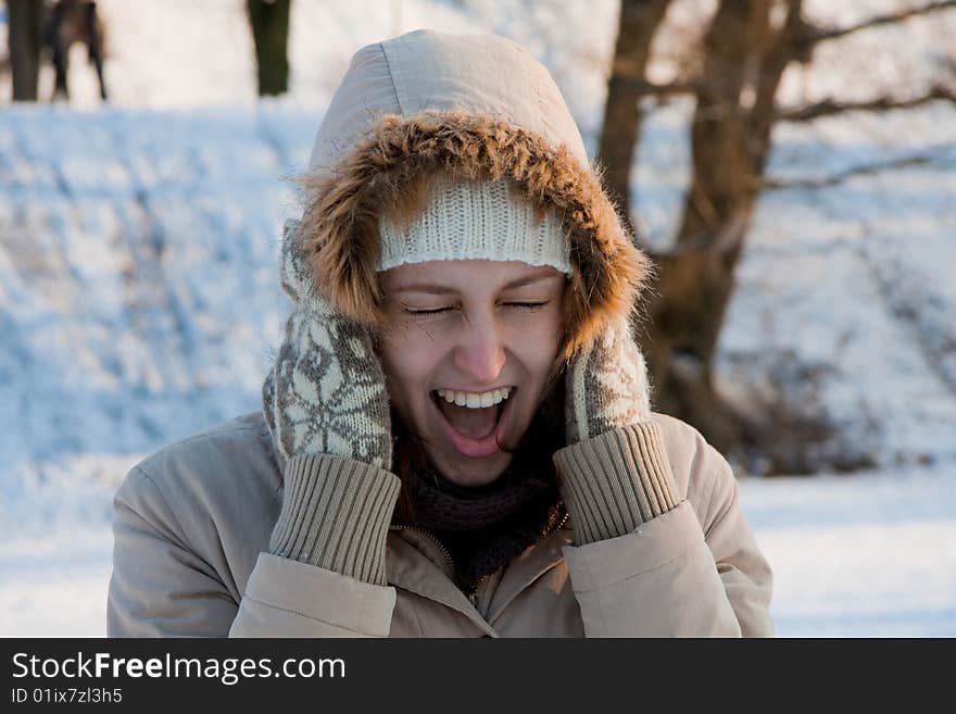 Crying girl in winter snow. Crying girl in winter snow