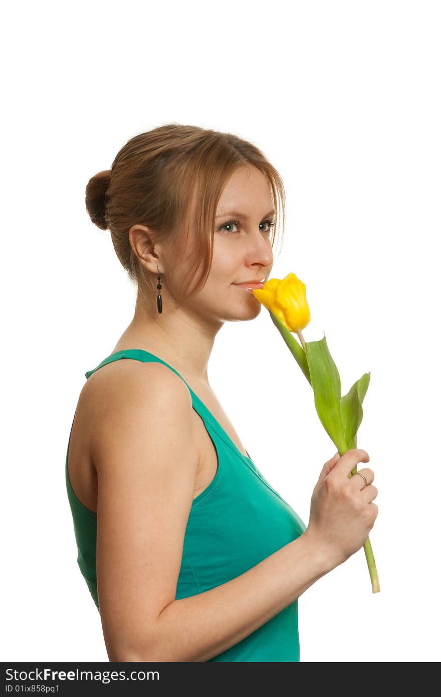 Girl with yellow tulip flower. Girl with yellow tulip flower