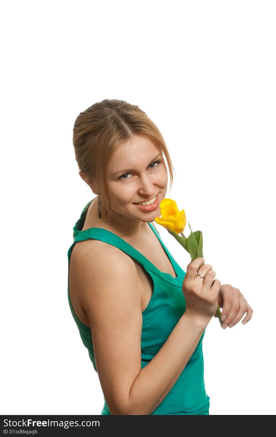 Girl with yellow tulip flower. Girl with yellow tulip flower