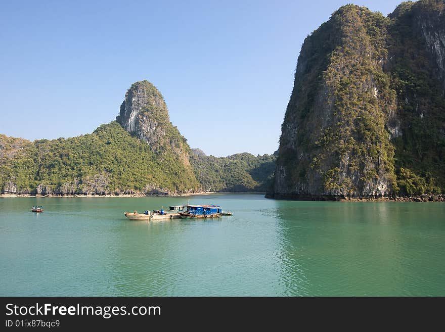 Boat and Islands in Halong Bay, Northern Vietnam