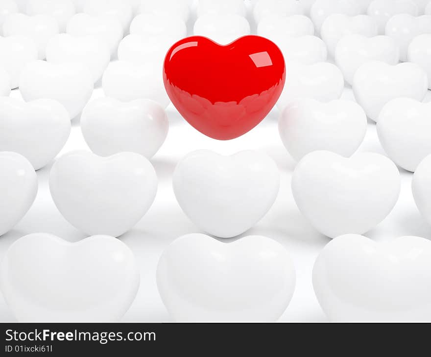 Isolated red heart and many white hearts