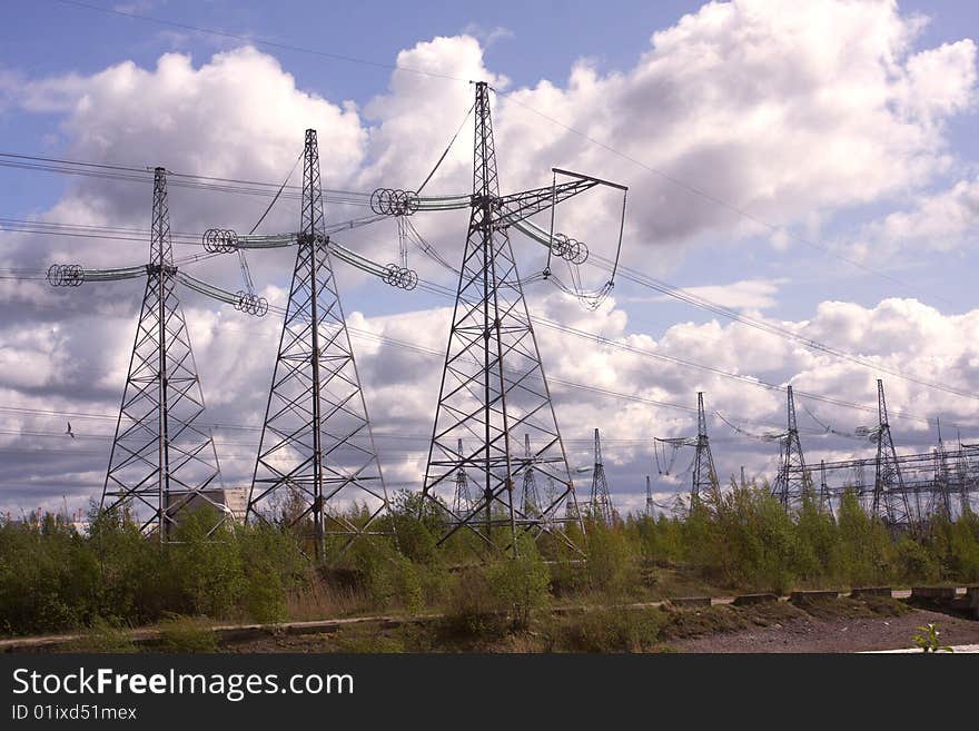 The masts of lines of electricity transmissions going from the Leningrad nuclear power plant. The masts of lines of electricity transmissions going from the Leningrad nuclear power plant.