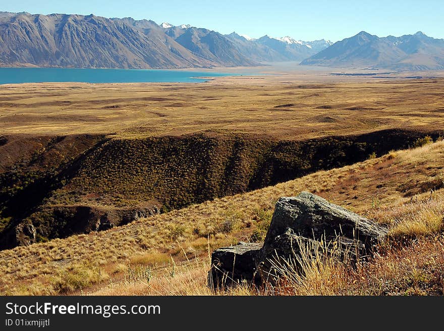 Rock and ravine at Lake Tekapo in the Mackenzie Country, South Island, New Zealand