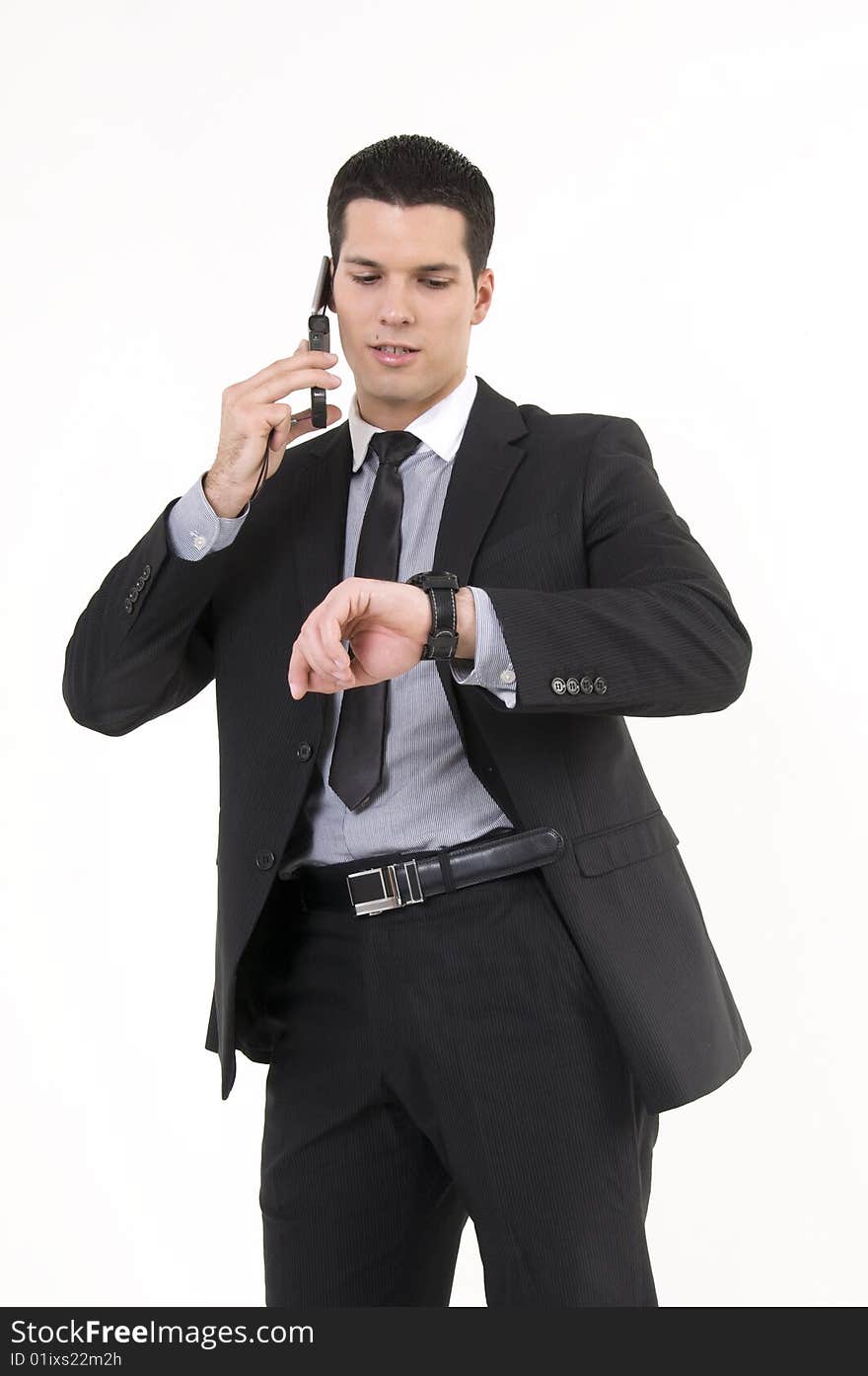 Businessman with phone and watch isolated on white background