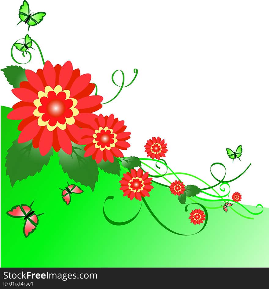 Floral background from red flowers with  green sheet and pattern