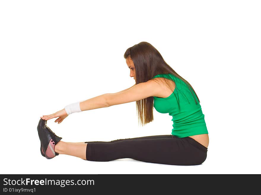 Young woman stretching isolated white. Young woman stretching isolated white