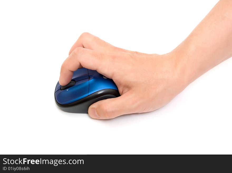 Blue computer mice in hand on white