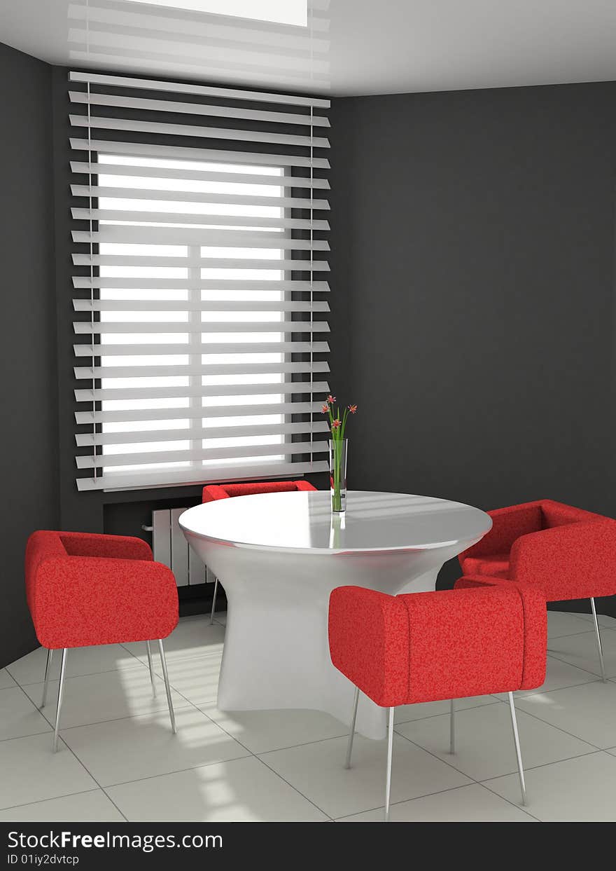 Chairs and table in the modern interrior 3D. Chairs and table in the modern interrior 3D