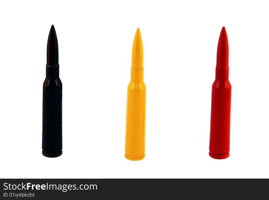 Ammunition painted in black yellow and red, isolated on white