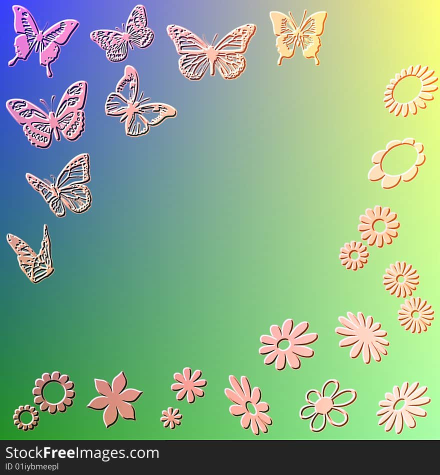 Blue green and yellow background with flower and butterfly ornaments. Blue green and yellow background with flower and butterfly ornaments.