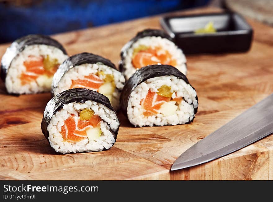 Various types of japanese sushi and sashimi