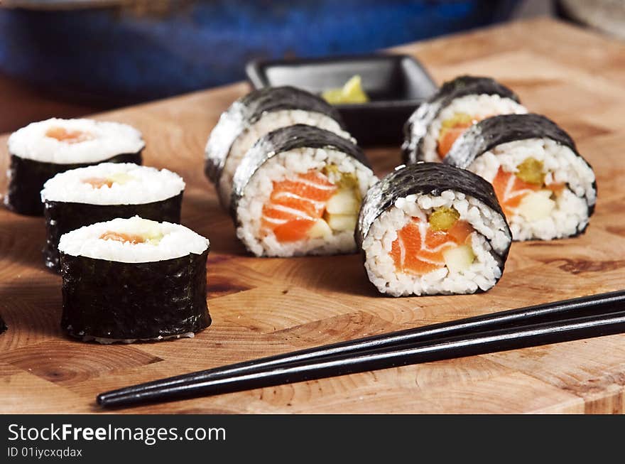 Various types of japanese sushi and sashimi