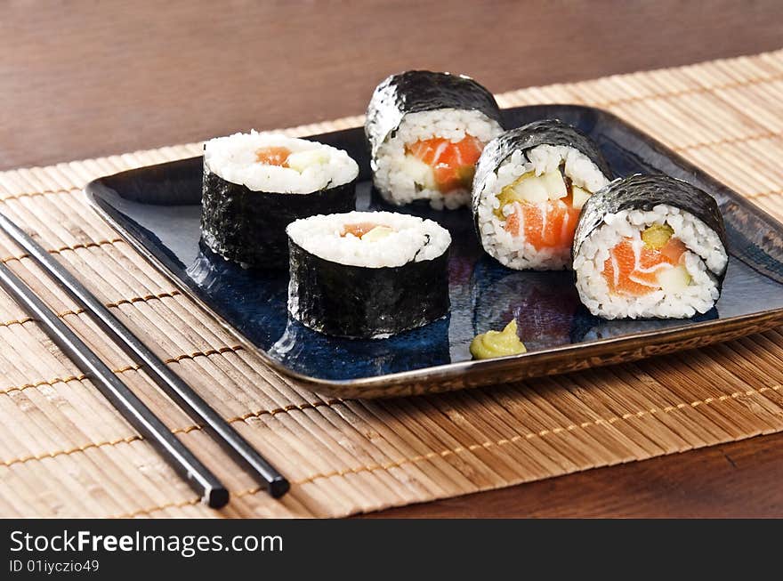 Various types of japanese sushi and sashimi