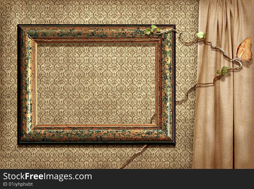 Grunge frame on a grunge wallpaper with ivy and butterfly