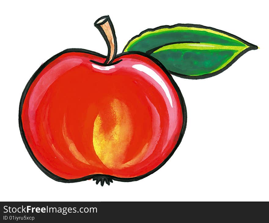 One red apple with stalk and green leaf